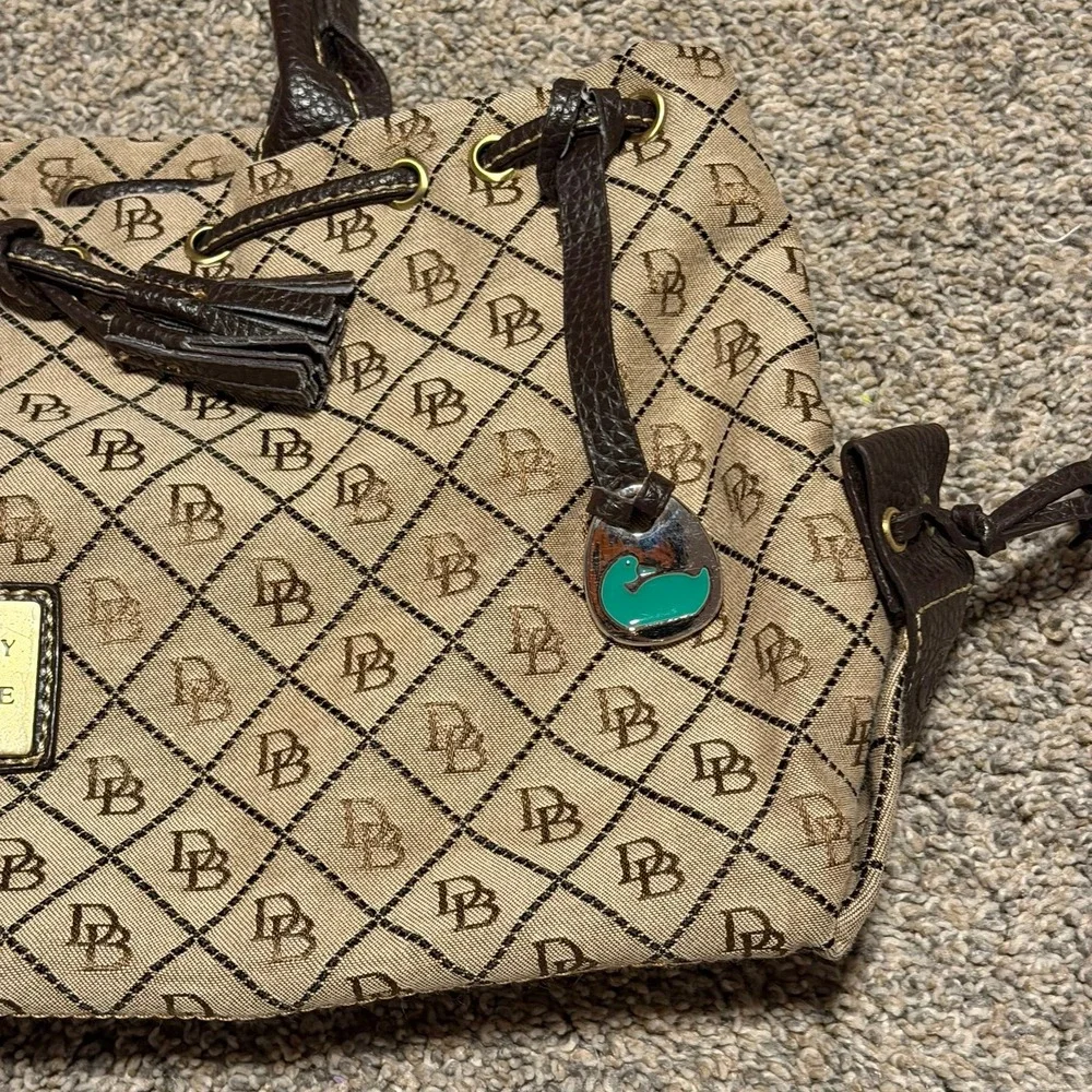 Dooney & Bourke DB Logo Canvas Satchel Bag Brown Leather Drawstring